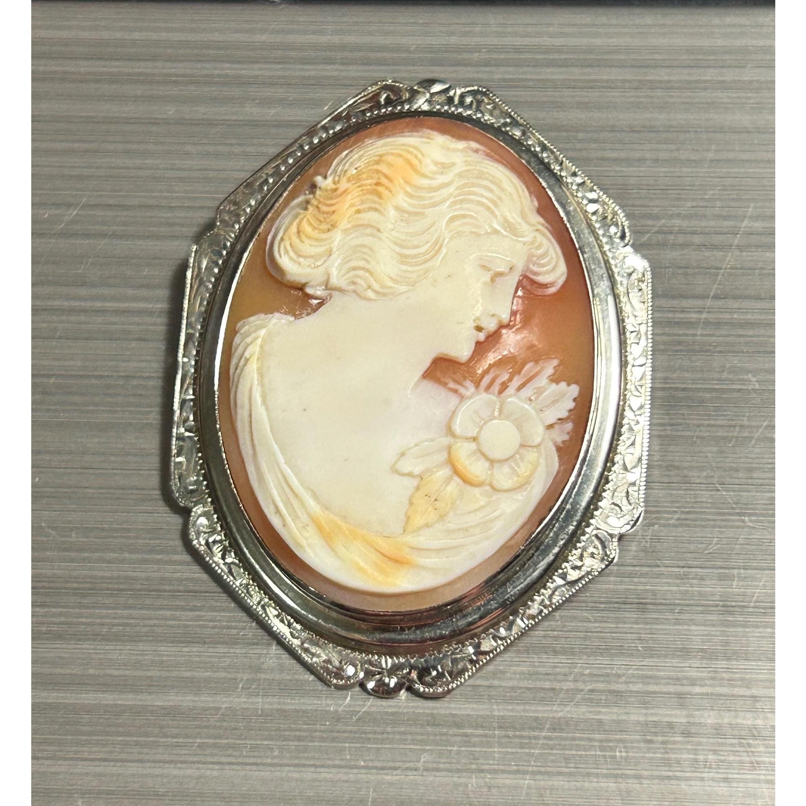 Antique Large 14k White Gold Art Deco Cameo Carved Pink Brooch Necklace Pendant